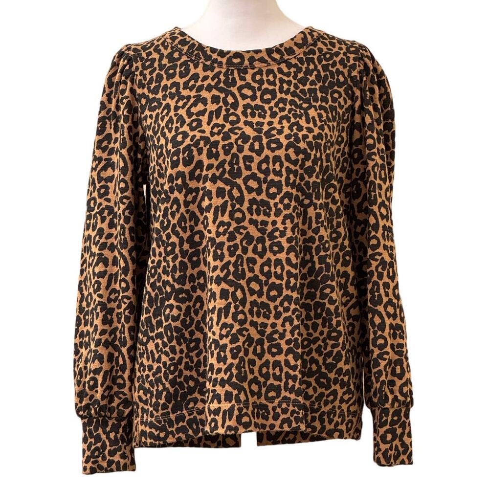 Loft Leopard Print Pleated Puff Long Sleeve Round Neck Blouse Size Medium